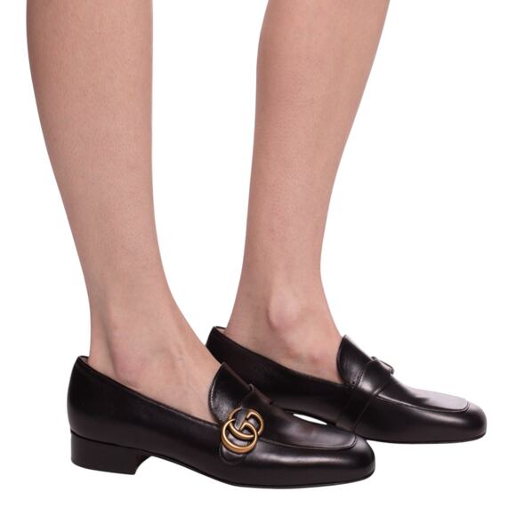 Gucci Shoes - Gucci Double GG Logo Square Toe Slip On Leather Loafer Black Size 38